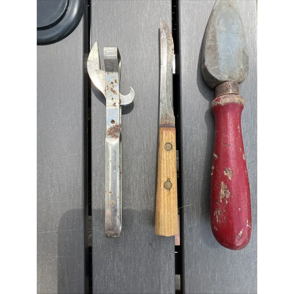 Lot Of 4 Vtg Antique Kitchen Gadgets Utensils Knifes Can Opener Sharpening Stone